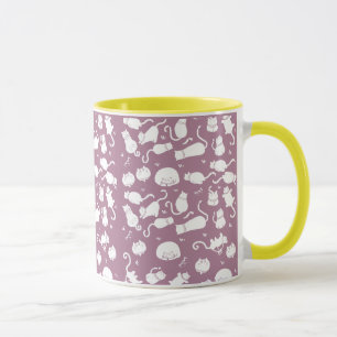 Cute Witte Katten Patroon op Mauve Achtergrond Mok