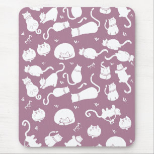 Cute Witte Katten Patroon op Mauve Achtergrond Muismat