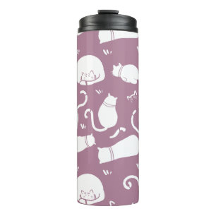Cute Witte Katten Patroon op Mauve Achtergrond Thermosbeker