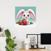 Cute Witte Konijn met Aardbeien Poster (Thuiskantoor)