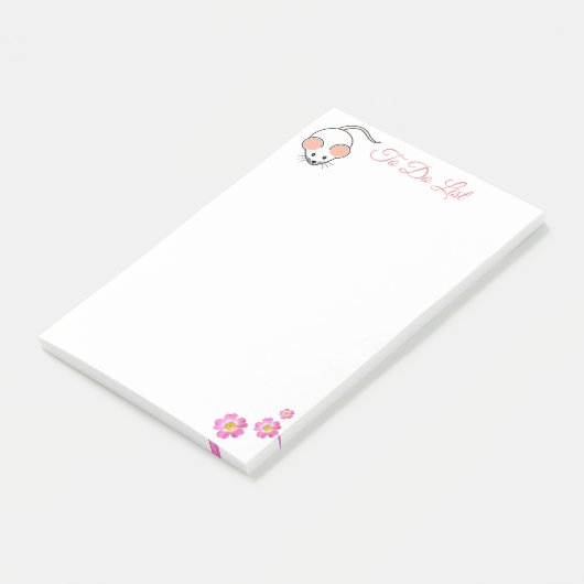 Cute witte muis & roze bloemen op wit post-it® notes (Schuin)