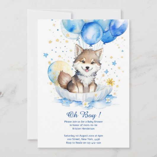 Cute Wolf Aquarelle Boy Baby shower Invitation (Devant)