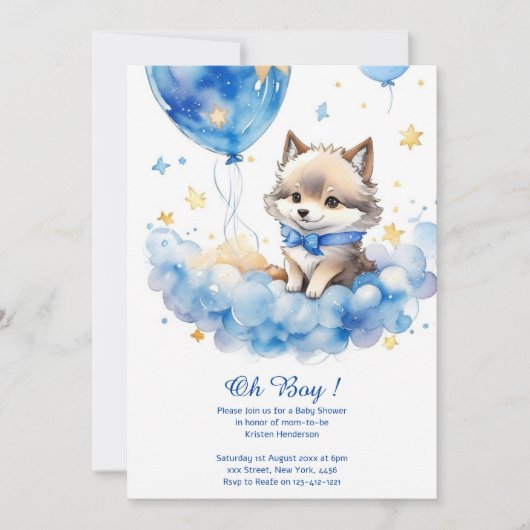 Cute Wolf Aquarelle Boy Baby shower Invitation (Devant)
