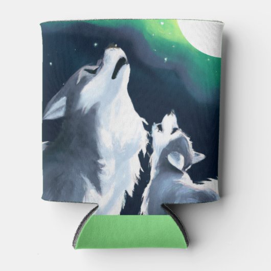 Cute Wolf en Pup Howl bij Full Moon Blikjeskoeler (Voorkant)