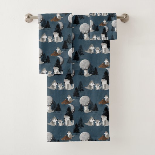 Cute Wolf Pack Woodland Night Moon Kids Bad Handdoek (Insitu)