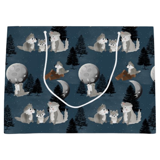 Cute Wolf Pack Woodland Night Sky Moon Groot Cadeauzakje (Voorkant)