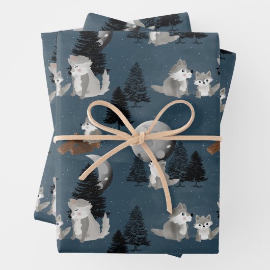 Cute Wolf Pack Woodland Night Sky Moon Inpakpapier Vel (In situ)