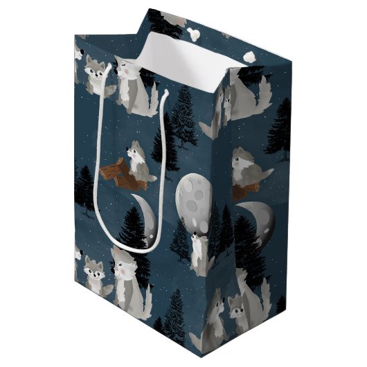 Cute Wolf Pack Woodland Night Sky Moon Medium Cadeauzakje (Voorkant Gekanteld)
