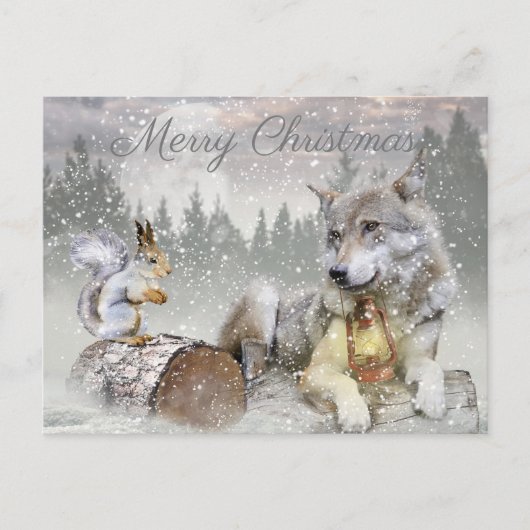 Cute Wolf Squirrel Winter Snow Forest kerst Feestdagenkaart (Voorkant)