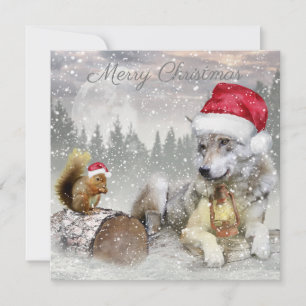 Cute Wolf Squirrel Winter Snow Forest kerst Feestdagenkaart