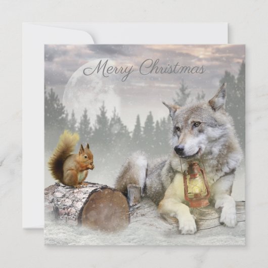 Cute Wolf Squirrel Winter Snow Forest kerst Feestdagenkaart (Voorkant)