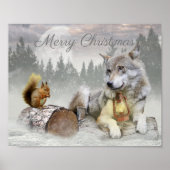 Cute Wolf Squirrel Winter Snow Forest kerst Poster (Voorkant)