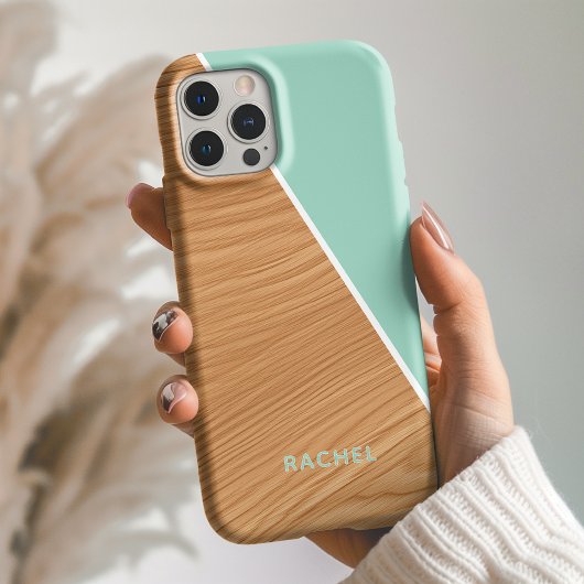 Cute Wood and Light Teal Personalized Case-Mate iPhone Case