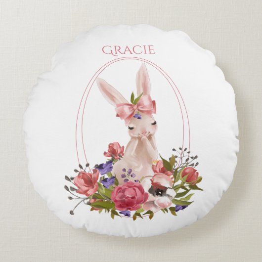 Cute Woodland Animal Bunny Floral Name Rond Kussen (Voorkant)