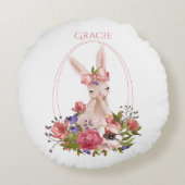 Cute Woodland Animal Bunny Floral Name Rond Kussen (Achterkant)