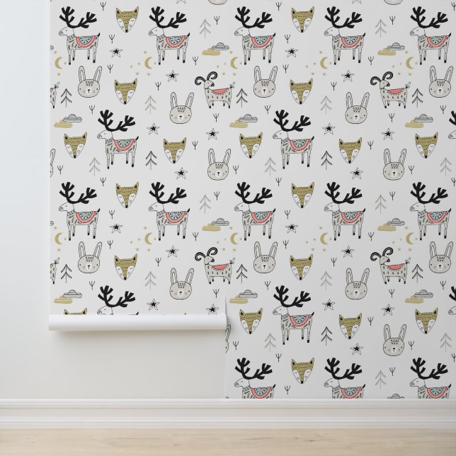 Cute Woodland Animal Doodle Pattern Behang (Applicatie)