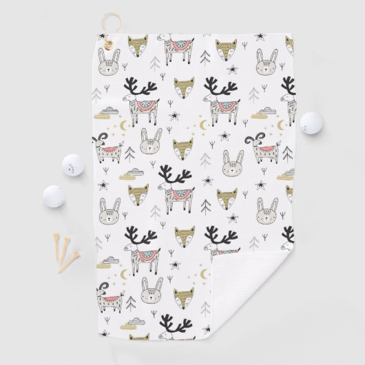 Cute Woodland Animal Doodle Pattern Golfhanddoek (Insitu)