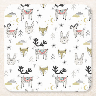 Cute Woodland Animal Doodle Pattern Vierkante Kartonnen Onderzetter