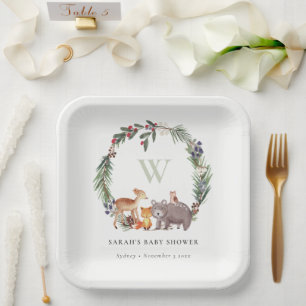Cute Woodland Animal Leafy Wreate Baby shower Papieren Bordje