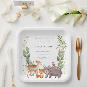 Cute Woodland Animal Leafy Wreate Baby shower Papieren Bordje
