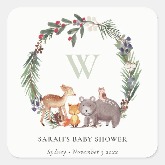 Cute Woodland Animal Leafy Wreate Baby shower Vierkante Sticker (Voorkant)