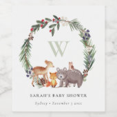 Cute Woodland Animal Leafy Wreate Baby shower Wijn Etiket (Enkel label)