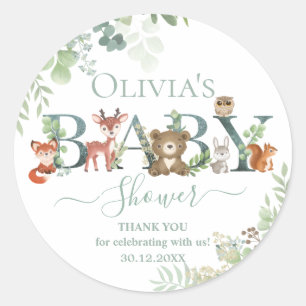 Cute Woodland Animals Baby shower Greenery Favor Ronde Sticker