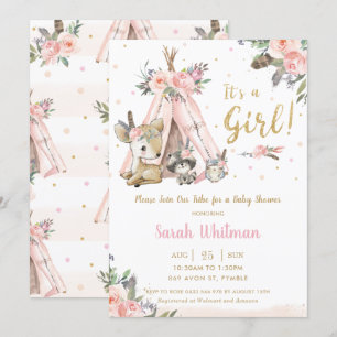Cute Woodland Animals Boho Tribal Girl Baby shower Kaart