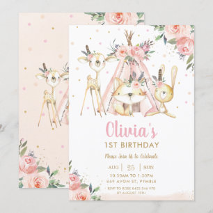 Cute Woodland Animals Boho Tribal Girl Birthday Kaart