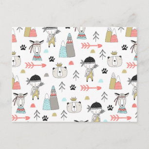 Cute Woodland Animals en Indian Boy Pattern Feestdagenkaart