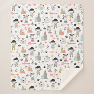 Cute Woodland Animals en Indian Boy Pattern Sherpa Deken