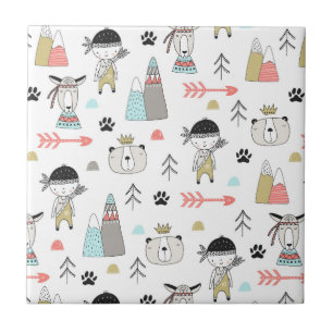 Cute Woodland Animals en Indian Boy Pattern Tegeltje
