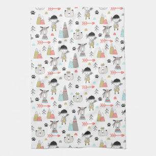 Cute Woodland Animals en Indian Boy Pattern Theedoek