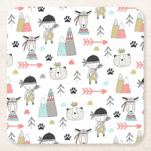 Cute Woodland Animals en Indian Boy Pattern Vierkante Kartonnen Onderzetter