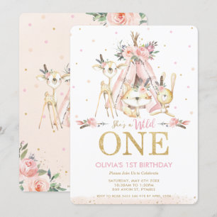 Cute Woodland Animals Girl Wild One Birthday Kaart
