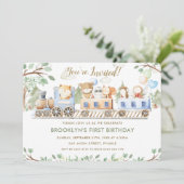 Cute Woodland Animals Trein Groene Verjaardag  Kaart (Staand voorkant)