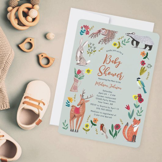 Cute Woodland Animaux Baby shower bleu Invitation