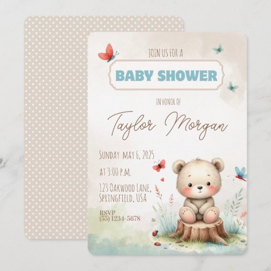 Cute Woodland Bear Baby Shower Invitation (Devant / Derrière)