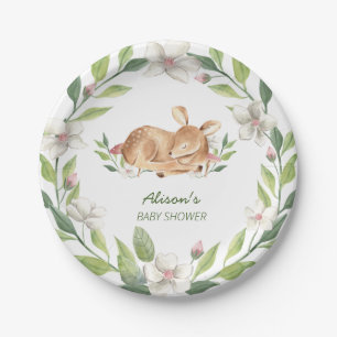 Cute Woodland Deer Floral Greenery Baby shower 7" Papieren Bordje