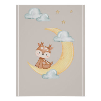 Cute Woodland Deer Moon Poster for Children Perfect Poster