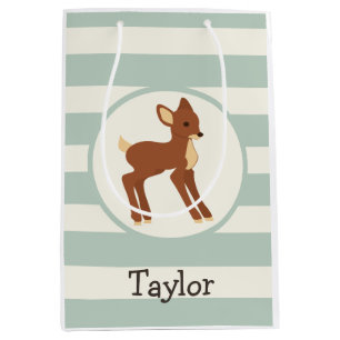 Cute Woodland Deer Sage Green Stripes Medium Cadeauzakje