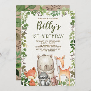 Cute Woodland Forest Animals 1st Birthday Party Kaart