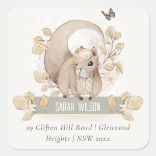 Cute Woodland Forest Floral Squirrel Adres Vierkante Sticker