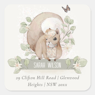 Cute Woodland Forest Floral Squirrel Adres Vierkante Sticker