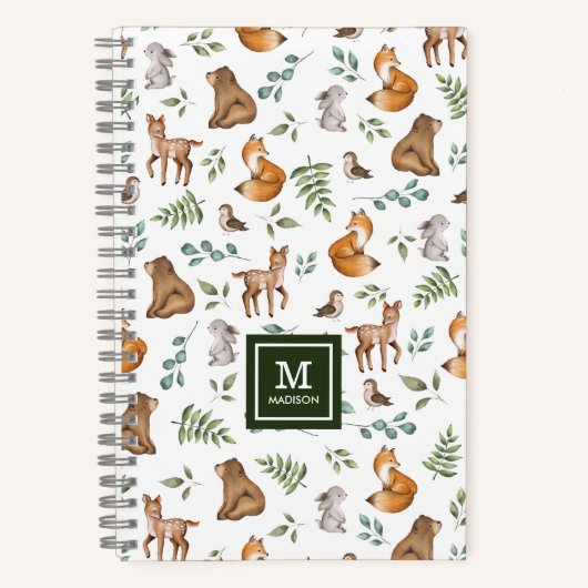 Cute Woodland Forest Greenermals Monogram Notitieboek (Voorkant)