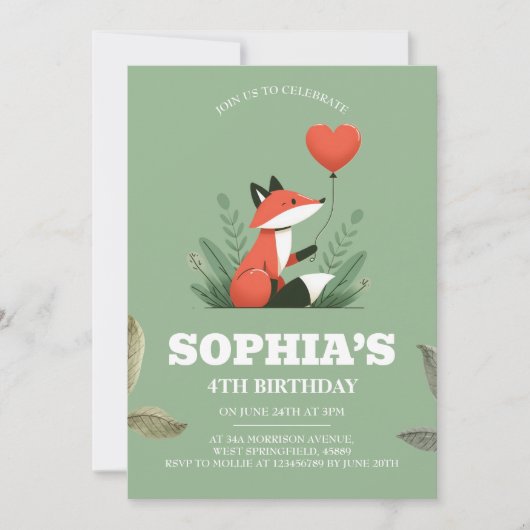 Cute Woodland Fox 4e Invitations d'anniversaire (Devant)
