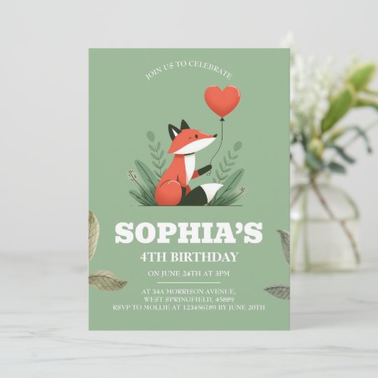 Cute Woodland Fox 4e Invitations d'anniversaire (Debout devant)