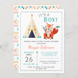 Cute Woodland Fox Boho Teepee Boy Baby shower Kaart