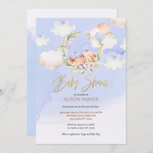 Cute Woodland Fox Floral Blue Sky Baby shower Kaart (Voorkant / Achterkant)