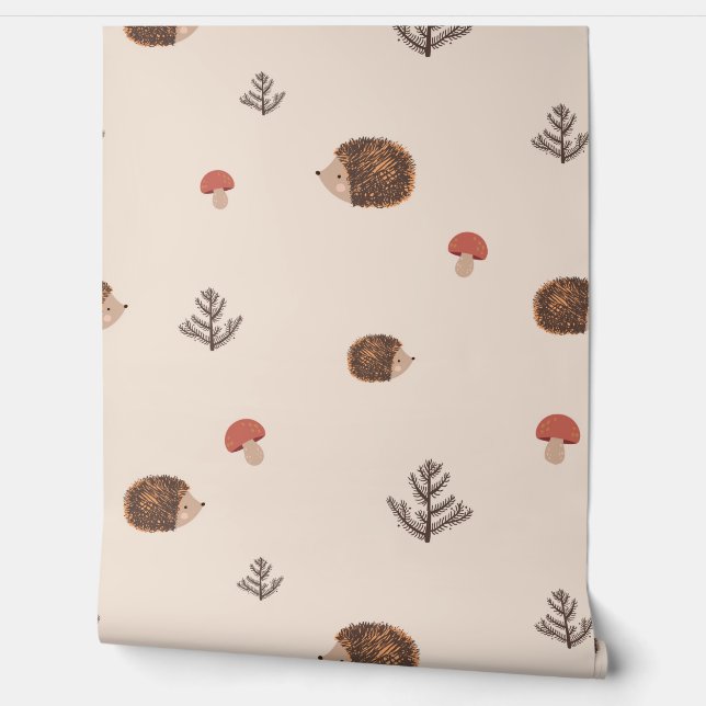 Cute Woodland Hedégel & Mushroom Pattern Behang (Afrollen)